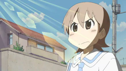 Yuuko Aioi from Nichijou gazing determinedly against a sunny suburban backdrop — HD PC desktop wallpaper/background.