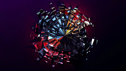 Abstract HD PC desktop wallpaper featuring a dynamic spherical structure with sharp, reflective facets in vibrant red, blue, and yellow tones against a dark background.