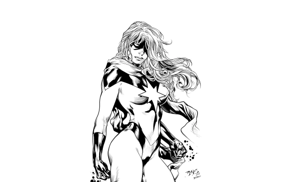 Black-and-white comic illustration of Ms. Marvel in a heroic pose with flowing hair and star emblem — 8K Ultra HD PC desktop wallpaper/background.