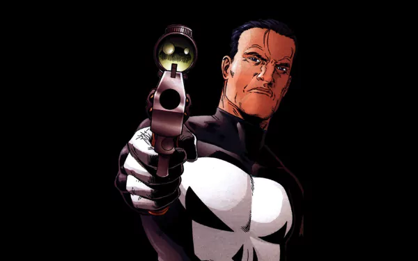 HD PC desktop wallpaper: comic-style Frank Castle (The Punisher) aiming a handgun at the viewer, skull emblem on his black costume against a dark background.