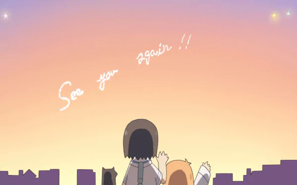 Anime-style Nichijō HD desktop wallpaper showing two characters waving at a sunset with See you again!! written in the sky above a city skyline.