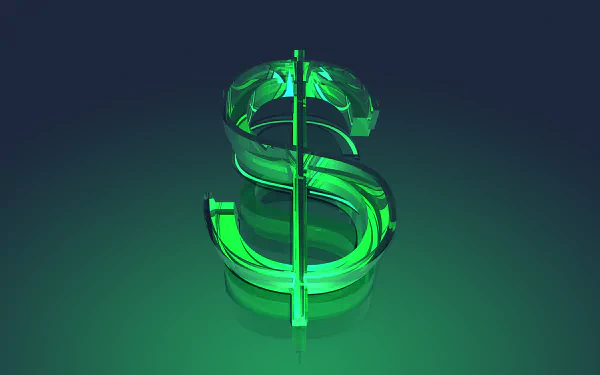 Abstract green glass dollar sign with faceted edges set against a dark, smooth background, designed as an HD PC desktop wallpaper.