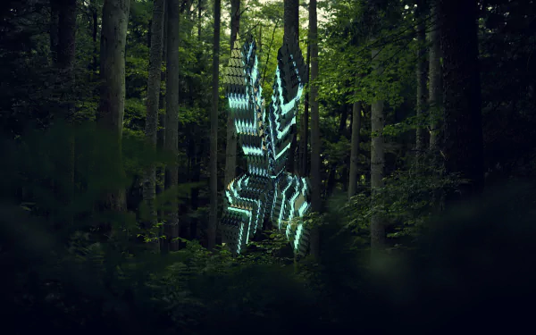 Abstract 3D glowing cyan geometric sculpture in a dim forest, rendered as a 2K Quad HD PC desktop wallpaper and background.