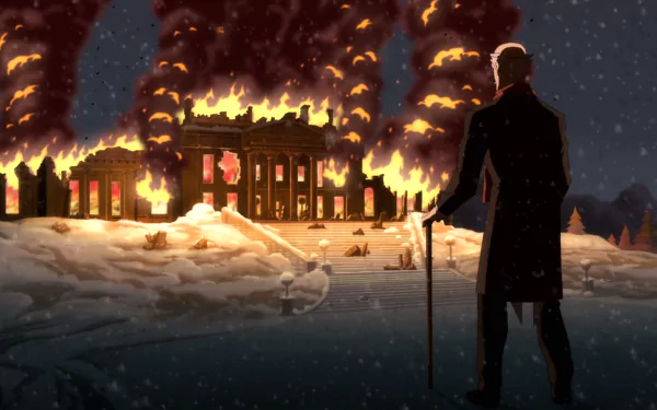 HD PC desktop wallpaper featuring a scene from the movie Batman: The Dark Knight Returns, showing a silhouetted figure with a cane watching a large building engulfed in flames at night.