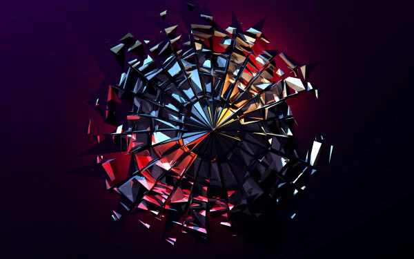 Abstract HD PC desktop wallpaper featuring a dynamic spherical structure with sharp, reflective facets in vibrant red, blue, and yellow tones against a dark background.