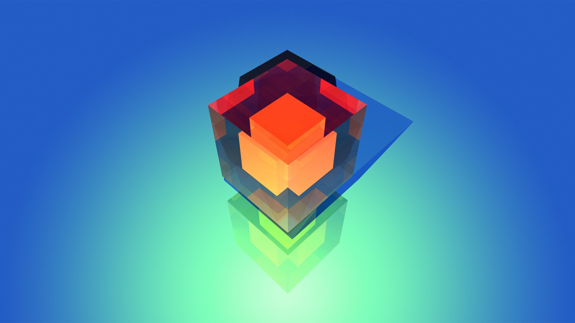 An abstract HD desktop wallpaper featuring a geometric shape with facets in vibrant orange and purple tones, set against a smooth blue and green gradient background.