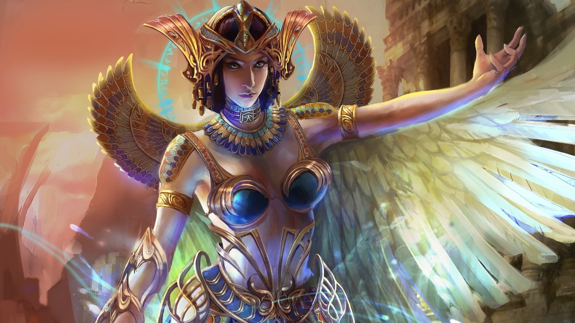 A stunning fantasy artwork depicting a goddess adorned in intricate jewelry and majestic wings, set against an ethereal background. This HD image captures divine beauty and power.