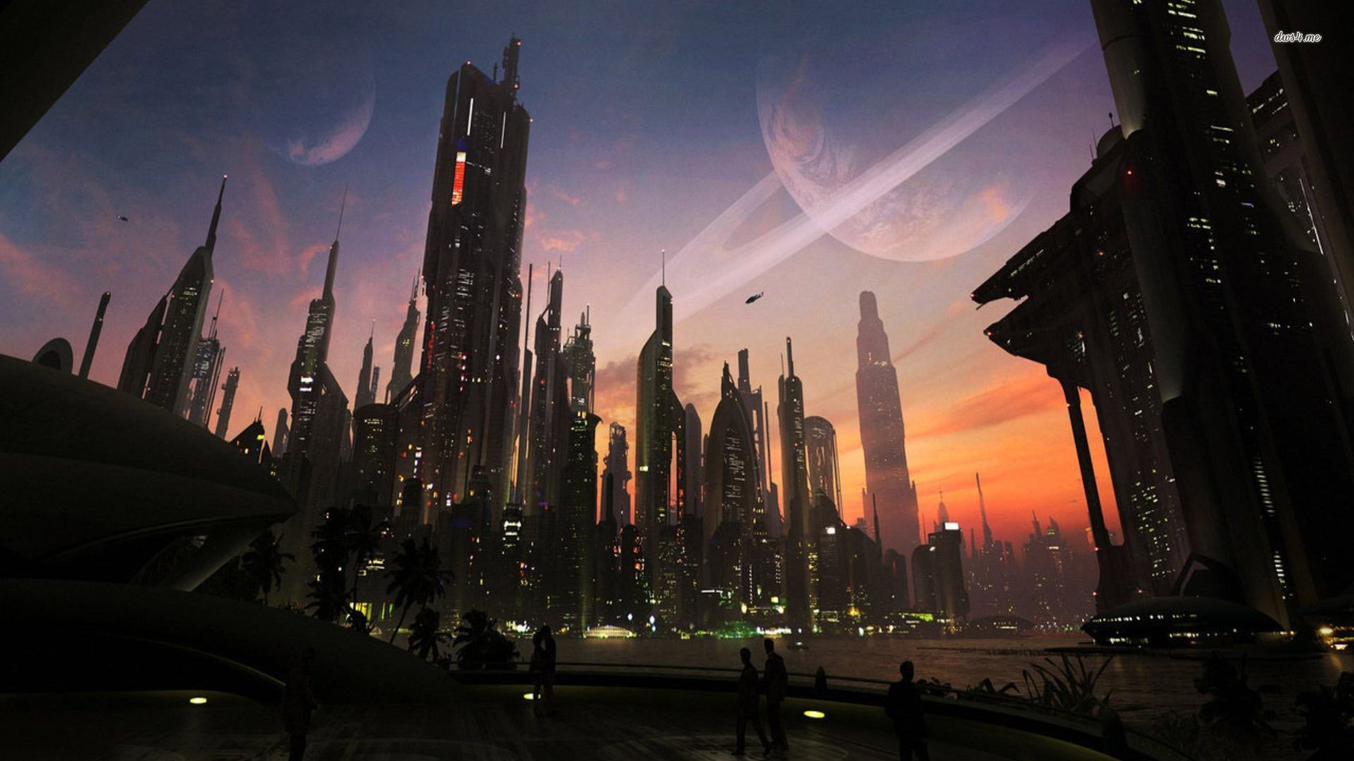 A stunning HD wallpaper featuring a futuristic sci-fi cityscape at sunset, with towering skyscrapers, vibrant colors, and celestial bodies in the sky.