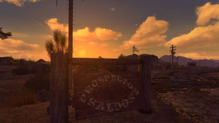 HD PC desktop wallpaper featuring a sunset scene at the Prospector Saloon from the Fallout: New Vegas video game.