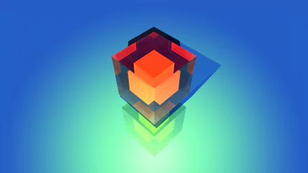 An abstract HD desktop wallpaper featuring a geometric shape with facets in vibrant orange and purple tones, set against a smooth blue and green gradient background.