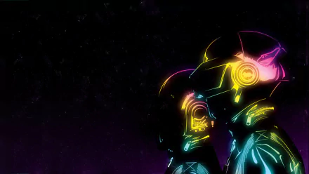 HD desktop wallpaper featuring neon-outlined DJ helmets inspired by Daft Punk, glowing against a dark, cosmic background.