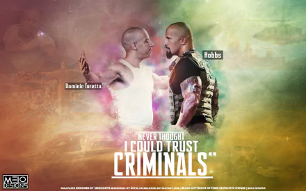 Dwayne Johnson as Luke Hobbs confronts Vin Diesel as Dominic Toretto in this HD wallpaper from Fast & Furious 6, featuring a vibrant cosmic background and an iconic quote.