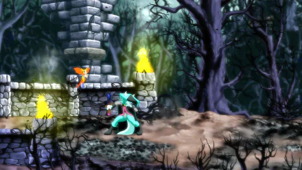HD desktop wallpaper from Dust: An Elysian Tail featuring character in a mystical forest with glowing elements and ancient ruins.