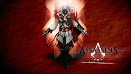 HD PC desktop wallpaper featuring the iconic Assassin from Assassin's Creed II, set against a fiery red background with the game’s logo prominently displayed.