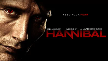 HD PC desktop wallpaper featuring a close-up of a character from the TV show Hannibal with intense red eyes and the tagline Feed Your Fear.