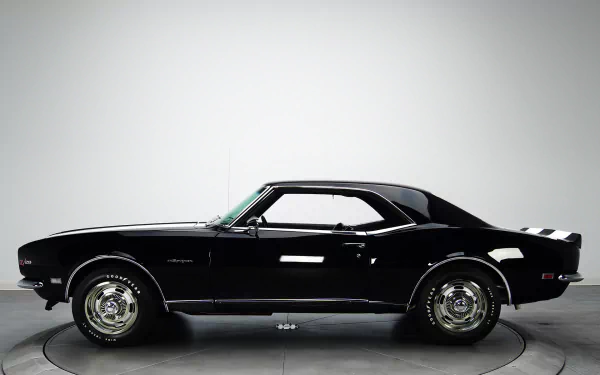 HD PC desktop wallpaper: black Chevrolet Camaro Z28 RS in profile, classic muscle vehicle set against a neutral studio background.