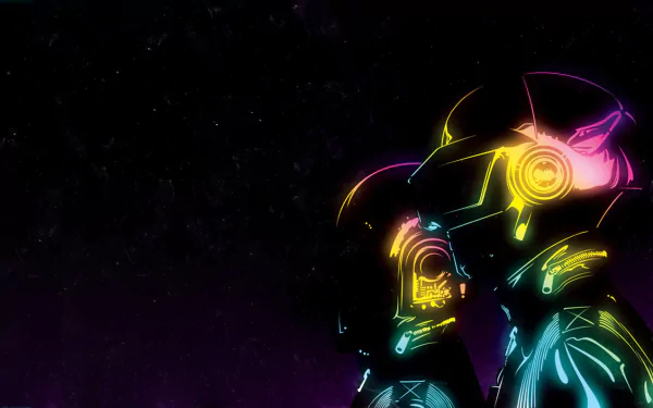 HD desktop wallpaper featuring neon-outlined DJ helmets inspired by Daft Punk, glowing against a dark, cosmic background.