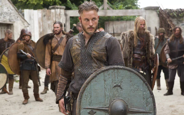 Scene from Vikings (2013) TV show featuring a warrior holding a weathered shield, surrounded by similarly armored men, rendered in 4K Ultra HD for PC desktop wallpaper.