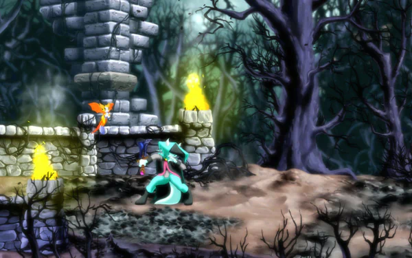 HD desktop wallpaper from Dust: An Elysian Tail featuring character in a mystical forest with glowing elements and ancient ruins.