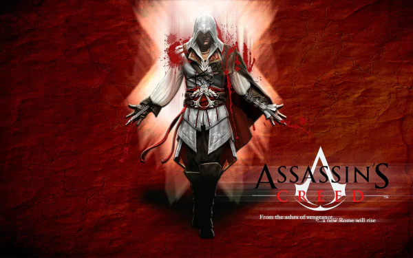 HD PC desktop wallpaper featuring the iconic Assassin from Assassin's Creed II, set against a fiery red background with the game’s logo prominently displayed.