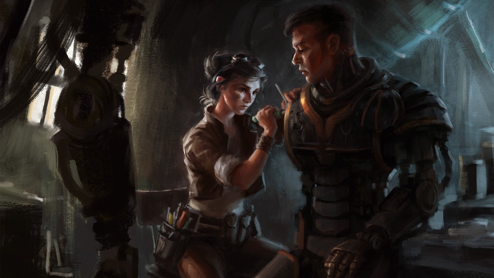 HD Sci-Fi PC desktop wallpaper depicting a warrior in futuristic armor being tended to by a companion in a dimly lit, industrial setting.