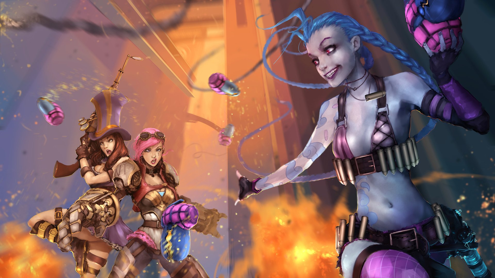 HD desktop wallpaper featuring League of Legends champions Caitlyn, Vi, and Jinx in an intense, action-packed scene from the video game.