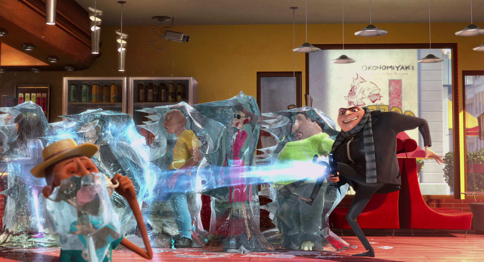 HD PC desktop wallpaper featuring Gru from the Despicable Me movie using a freeze ray in a vibrant restaurant scene.