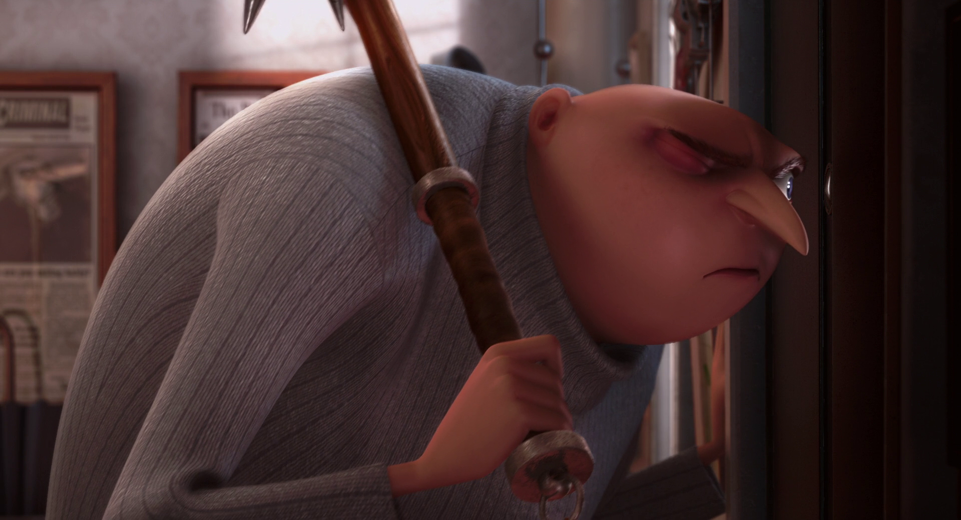 HD PC desktop wallpaper featuring Gru from the movie Despicable Me, showing a close-up of him holding a cane with a serious expression.