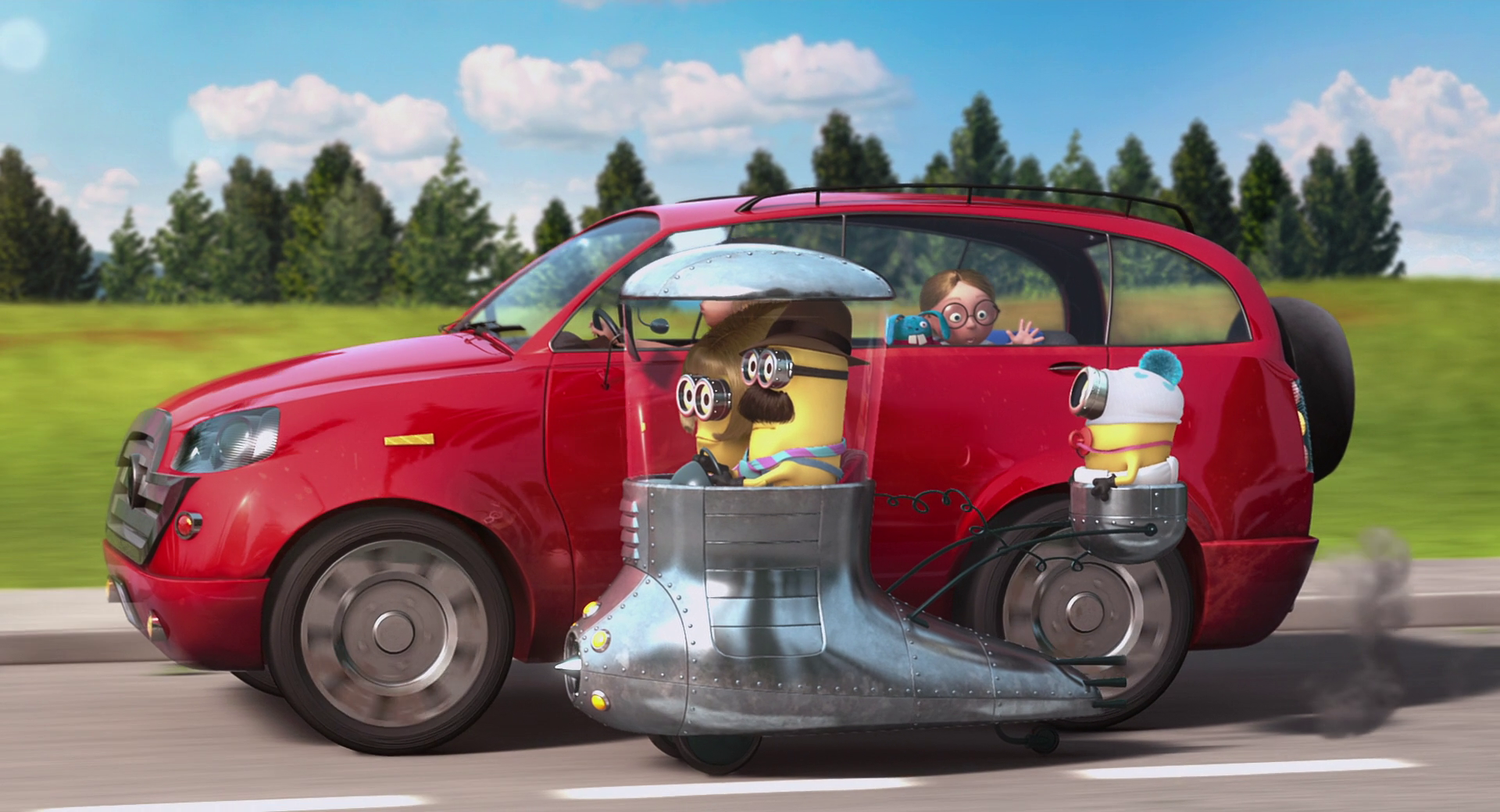A fun HD desktop wallpaper featuring characters from Despicable Me, showcasing minions in a quirky vehicle alongside a red car, all set against a scenic backdrop.