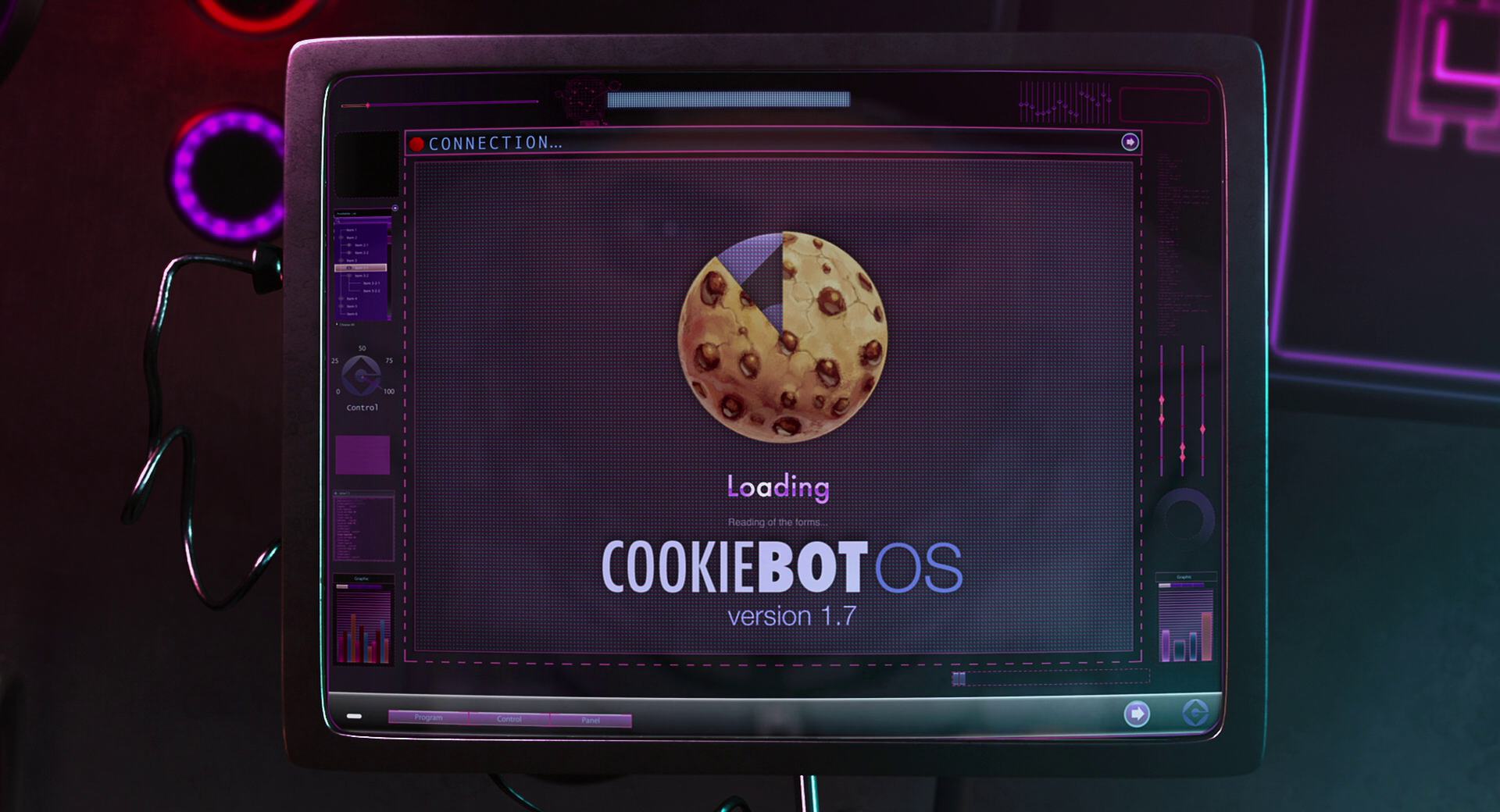 HD PC desktop wallpaper featuring a loading screen from the Despicable Me movie, showcasing CookiebotOS version 1.7 with a cookie-themed progress indicator.