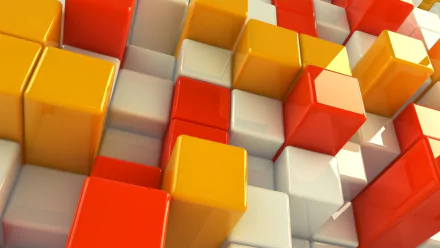 HD PC desktop wallpaper featuring an abstract pattern of glossy red, orange, yellow, and white cubes arranged in a dynamic 3D composition.