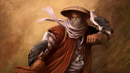 Fantasy-themed HD desktop wallpaper depicting a hunter in a wide-brimmed hat with two eagles perched on his arms against a warm, textured background.