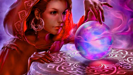HD desktop wallpaper featuring a mystical scene with a woman gazing into a glowing crystal ball, set against a magical, fantasy-inspired backdrop.