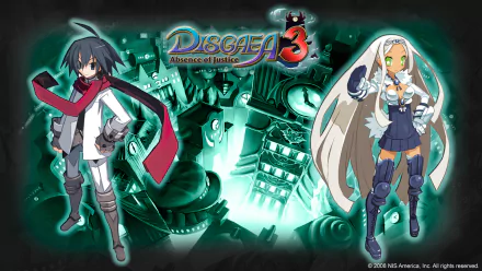 HD wallpaper of Disgaea 3: Absence of Justice featuring main characters and game logo on a dark background.