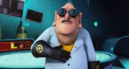 Dr. Nefario stands confidently in his lab coat and goggles, showcasing his quirky character from the movie Despicable Me. This HD wallpaper captures his distinctive look and playful demeanor.
