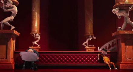 HD PC desktop wallpaper featuring Vector and Gru from the Despicable Me movie, set in an elegant room with statues and warm lighting.