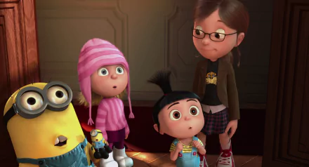 HD PC desktop wallpaper of Despicable Me sisters Margo, Edith and Agnes with a minion in a warmly lit doorway, Agnes holding her plush unicorn.