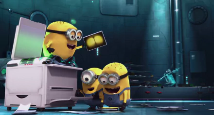 Three playful minions gather around a printer, sharing excitement over an image. This colorful scene from the movie Despicable Me makes an engaging HD PC desktop wallpaper.