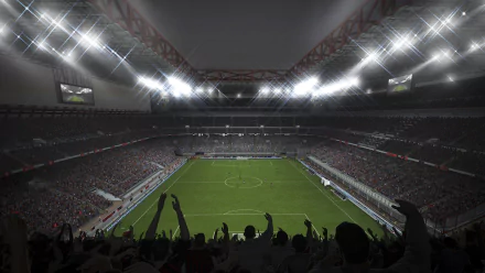 A high-definition wallpaper depicting a vibrant stadium scene from FIFA 14, showcasing enthusiastic fans under bright lights and an expansive football field.