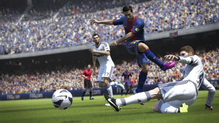 A dynamic scene from FIFA 14, featuring intense gameplay with a player from FC Barcelona dribbling past a defender from Real Madrid on a vibrant stadium field. HD PC desktop wallpaper.