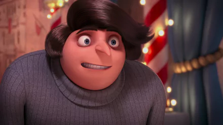 Close-up of Gru from the movie Despicable Me 2, grinning in a cozy sweater with festive lights and candy-cane stripes behind him — HD PC desktop wallpaper.