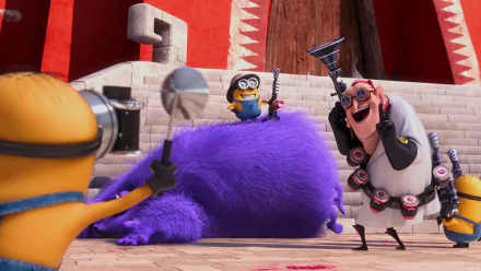 HD desktop wallpaper from Despicable Me 2 featuring Dr. Nefario, Eduardo/El Macho, and Minions around a large purple creature.