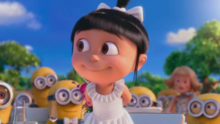 HD desktop wallpaper of Agnes from Despicable Me 2, smiling with Minions in the background, under a sunny sky.
