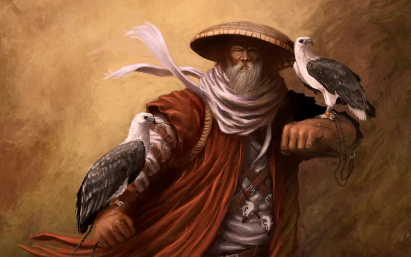 Fantasy-themed HD desktop wallpaper depicting a hunter in a wide-brimmed hat with two eagles perched on his arms against a warm, textured background.