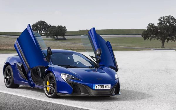 Blue McLaren 650S supercar with butterfly doors open, parked on a road with a scenic backdrop, shown as an HD PC desktop wallpaper and background.