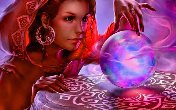 HD desktop wallpaper featuring a mystical scene with a woman gazing into a glowing crystal ball, set against a magical, fantasy-inspired backdrop.