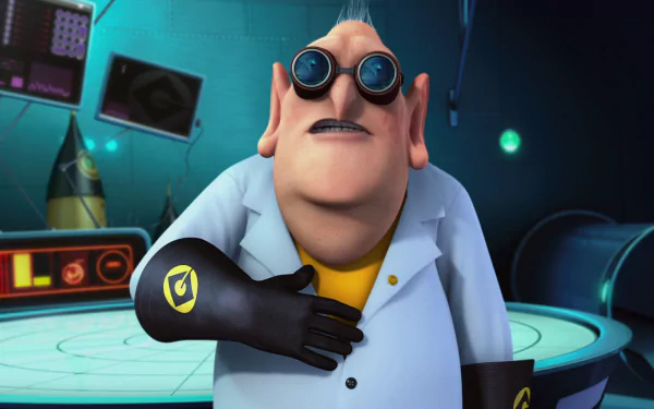 Dr. Nefario stands confidently in his lab coat and goggles, showcasing his quirky character from the movie Despicable Me. This HD wallpaper captures his distinctive look and playful demeanor.