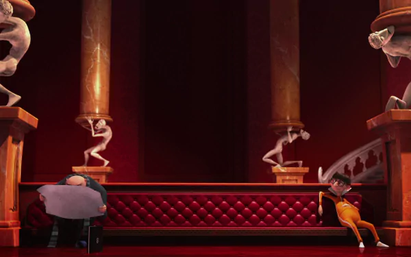 HD PC desktop wallpaper featuring Vector and Gru from the Despicable Me movie, set in an elegant room with statues and warm lighting.