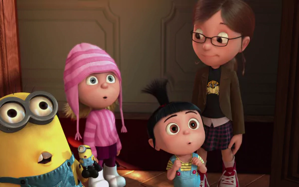 HD PC desktop wallpaper of Despicable Me sisters Margo, Edith and Agnes with a minion in a warmly lit doorway, Agnes holding her plush unicorn.