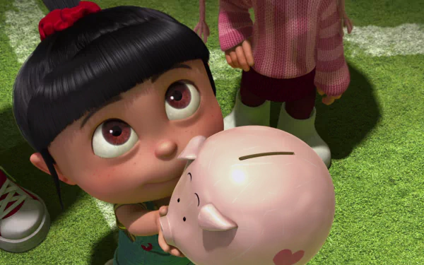 Agnes from Despicable Me holds a piggy bank with wide eyes, set against a vibrant green background. This HD wallpaper captures her charming and playful spirit.